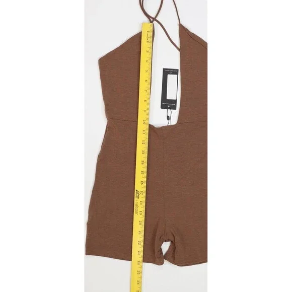 PRETTYLITTLETHING Romper Womens 8 Brown Halter Plunge Sleeveless Jersey Shorts - Picture 2 of 12